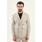 MCR Çizgili Slim Fit Geniş Yaka Kruvaze Erkek Ceket - 54 - Bej