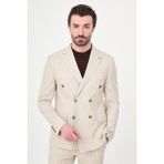MCR Çizgili Slim Fit Geniş Yaka Kruvaze Erkek Takım Elbise - Bej - 6 Drop - 50