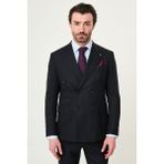 MCR Çizgili Slim Fit Geniş Yaka Kruvaze Erkek Takım Elbise Lacivert Renkli Şık Tasarım - 6 Drop - 46