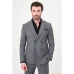 MCR Çizgili Slim Fit Geniş Yaka Kruvaze Premium Yün Erkek Takım Elbise - Gri - 6 Drop - 56