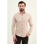 MCR Çizgili Slim Fit Yün Uzun Kollu Erkek Gömlek - 2XL - Bej