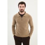 MCR Desenli Bej Slim Fit Fermuarlı Polo Yaka Erkek Triko Kazak - 2XL