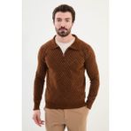 MCR Desenli Kamel Rengi Slim Fit Fermuarlı Polo Yaka Erkek Triko Kazak