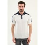 MCR Desenli Slim Fit Polo Yaka Fermuarlı Erkek Triko T-Shirt - Ekru - Lacivert