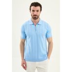 MCR Desenli Slim Fit Polo Yaka Fermuarlı Erkek Triko T-Shirt - Mavi - 2XL