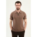 MCR Desenli Slim Fit Polo Yaka Fermuarlı Erkek Triko T-Shirt - Sütlü Kahve - 2XL
