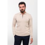 MCR Düz Bej Slim Fit Fermuarlı Polo Yaka Erkek Triko Kazak