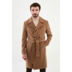 MCR Düz Bej Slim Fit Geniş Yaka Kuşaklı Kruvaze Kaşe Uzun Erkek Kaban - 58