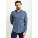 MCR Düz Indigo Rengi Slim Fit Basic Keten Erkek Gömlek - XL - İndigo