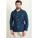 MCR Düz Indigo Rengi Slim Fit Torba Cep Gömlek Yaka Kemerli Keten Erkek Trenchcoat - Lacivert - 54