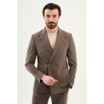 MCR Düz Slim Fit Geniş Yaka Kruvaze Pantolon Beli Lastikli Erkek Takım Elbise - Vizon - 6 Drop - 46