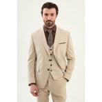 MCR Düz Slim Fit Geniş Yaka Mendil Detaylı Erkek Takım Elbise - Bej - 6 Drop - 54