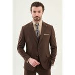 MCR Düz Slim Fit Geniş Yaka Mendil Detaylı Erkek Takım Elbise - Kahverengi - 6 Drop - 48