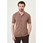 MCR Düz Slim Fit Kısa Kollu Erkek Triko Gömlek - Sütlü Kahve - XL
