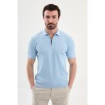 MCR Düz Slim Fit Polo Yaka Fermuarlı Erkek Triko T-Shirt - Mavi - XL