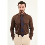 MCR Düz Slim Fit Saten Klasik Erkek Gömlek - Kahverengi