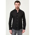 MCR Düz Slim Fit Yakası Düğmeli Keten Erkek Gömlek - Siyah - XL