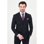 MCR Ekoseli Slim Fit Geniş Yaka Kruvaze Metal Düğmeli Premium Yün Erkek Takım Elbise - 56 - Lacivert