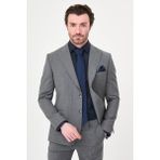 MCR Ince Çizgili Slim Fit Geniş Yaka Premium Yün Erkek Takım Elbise - Gri - 6 Drop - 58