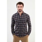 MCR Kareli Slim Fit Yün Erkek Gömlek - Lacivert - Camel