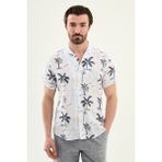 MCR Palmiye Baskılı Slim Fit Apaç Yaka Kısa Kollu Erkek Gömlek - Lacivert - XL