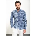 Mcr Yaprak Desenli Lacivert Slim Fit Uzun Kollu Gofre Erkek Gömlek 37886.24Y