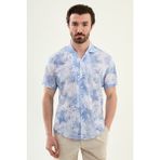 MCR Yaprak Desenli Slim Fit Apaç Yaka Kısa Kollu Erkek Gömlek - Mavi - XL