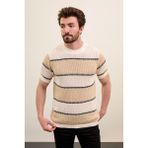 MCR Yatay Çizgili Slim Fit Bisiklet Yaka Erkek Triko T-Shirt - Ekru