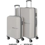 Mçs Bavul Büyük ve Kabin 2li Set Kırılmaz Silikon Valiz V374 Kemik/gri - Kemik - Gri