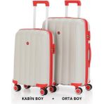 Mçs Bavul Orta Ve Kabin 2Li Set Kırılmaz Silikon Valiz V305 Kemik/Mercan