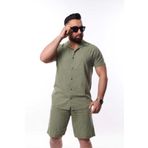 MCZ GİYİM keten Erkek Kısa Kollu Slim Gömlek Yaka Haki Pamuk Gömlek ve Boru Paça Şort Alt Üst Takım