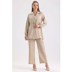 MD trend Kadın Bel Büzgülü Bağcıklı Oversize Tunik Ve Bol Paça Pantolon İkili Keten Takım