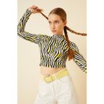 ME Dükkan Kadın Sarı Siyah Zebra Desenli Uzun Kol Crop Bluz - Sarı - Siyah
