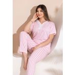 MEBA Kadın Büyük Beden Desenli Yakası Düğmeli Kısa Kollu Penye Pembe Çizgili Pijama Takımı