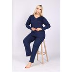 MEBA Kadın Büyük Beden Yaka Düğmeli Uzun Kollu Penye Anne Lacivert Pijama Takımı
