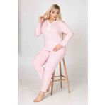 MEBA Kadın Büyük Beden Yaka Düğmeli Uzun Kollu Penye Anne Pembe Çizgili Pijama Takımı