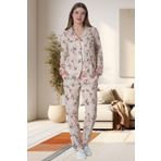 Mecit 6023 Pudra Büyük Beden Boydan Düğmeli Kadın Pijama Takımı