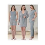 Mecit Pijama Çizgili 6 Parça Spor Kadın Pijama Gecelik Sabahlık Set %70 Pamuk %30 Viskon