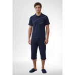 Mecit Pijama Mecit 4007 Lacivert %100 Pamuk Büyük Beden Kapri Erkek Pijama Takımı - 2XL