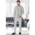 Mecit Pijama Önden Düğmeli Büyük Beden Erkek Pijama Takımı %100 Pamuk Sonbahar- Kış Sezonu