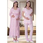 Mecit Pijama Pamuklu & Viskon, Lohusa Seti, 4'lü Gecelik & Sabahlık Hamile Pijama Takımı Pembe