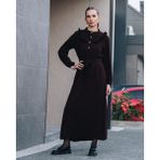 MecModest Kadın Kahverengi Önü Düğmeli Kuşaklı Yakası Fırfırlı Jessica Ayrobin Elbise Şık - 48
