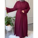 Medine Ipeği Bel Bağlamalı Tesettür Model Büyük Beden Uyumlu Abaya Kollu Fadime Model Elbise - 44 - 46 - Bordo