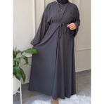 Medine Ipeği Bel Bağlamalı Tesettür Model Büyük Beden Uyumlu Abaya Kollu Fadime Model Elbise - 44 - 46 - Gri