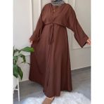 Medine Ipeği Bel Bağlamalı Tesettür Model Büyük Beden Uyumlu Abaya Kollu Fadime Model Elbise - 44 - 46 - Kahverengi