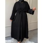 Medine Ipeği Bel Bağlamalı Tesettür Model Büyük Beden Uyumlu Abaya Kollu Fadime Model Elbise - 44 - 46 - Siyah