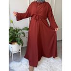 Medine Ipeği Bel Bağlamalı Tesettür Model Büyük Beden Uyumlu Abaya Kollu Fadime Model Elbise - 56 - 58 - Taba