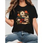 Medinenur Kadın Basic T-Shirt Siyah Renkli Kitap Baskılı Kısa Kol Günlük Rahat Kullanım - XL