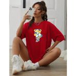 Medinenur Peluş Ayı Baskılı Bisiklet Yaka Tshirt - Kırmızı - 2XL