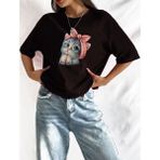 Medinenur Sevimli Minik Kedi Baskılı Kadın Tişört - Siyah - 2XL